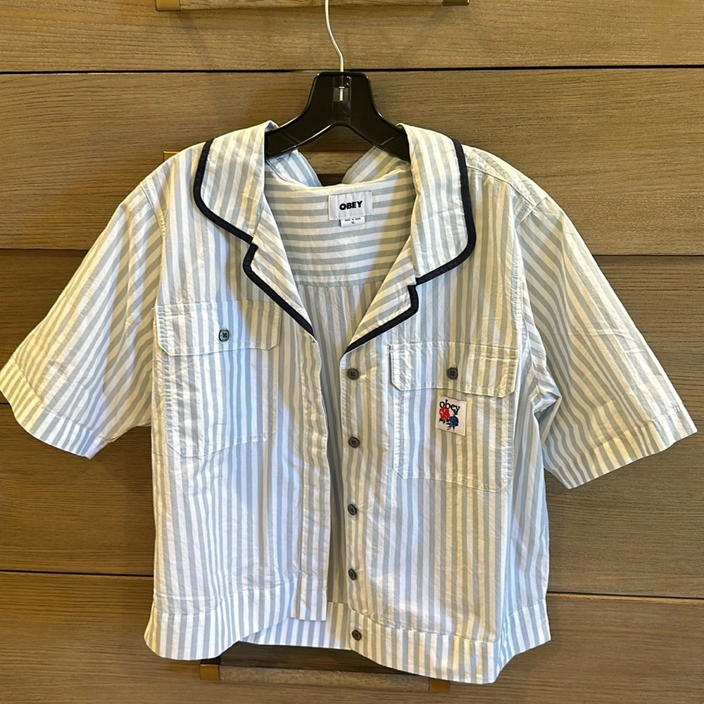 OBEY STRIPED BUTTON UP